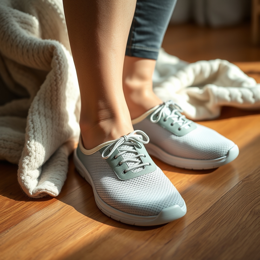 Close-up of supportive maternity shoes with cushioned insoles and breathable mesh, displayed on a wooden floor beside a soft blanket