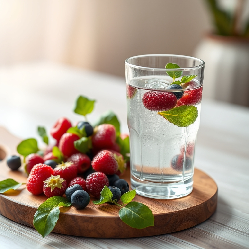 Bright kitchen counter with a glass of water, a bowl of fresh fruit, and a wooden board of magnesium‑rich foods for lactating moms