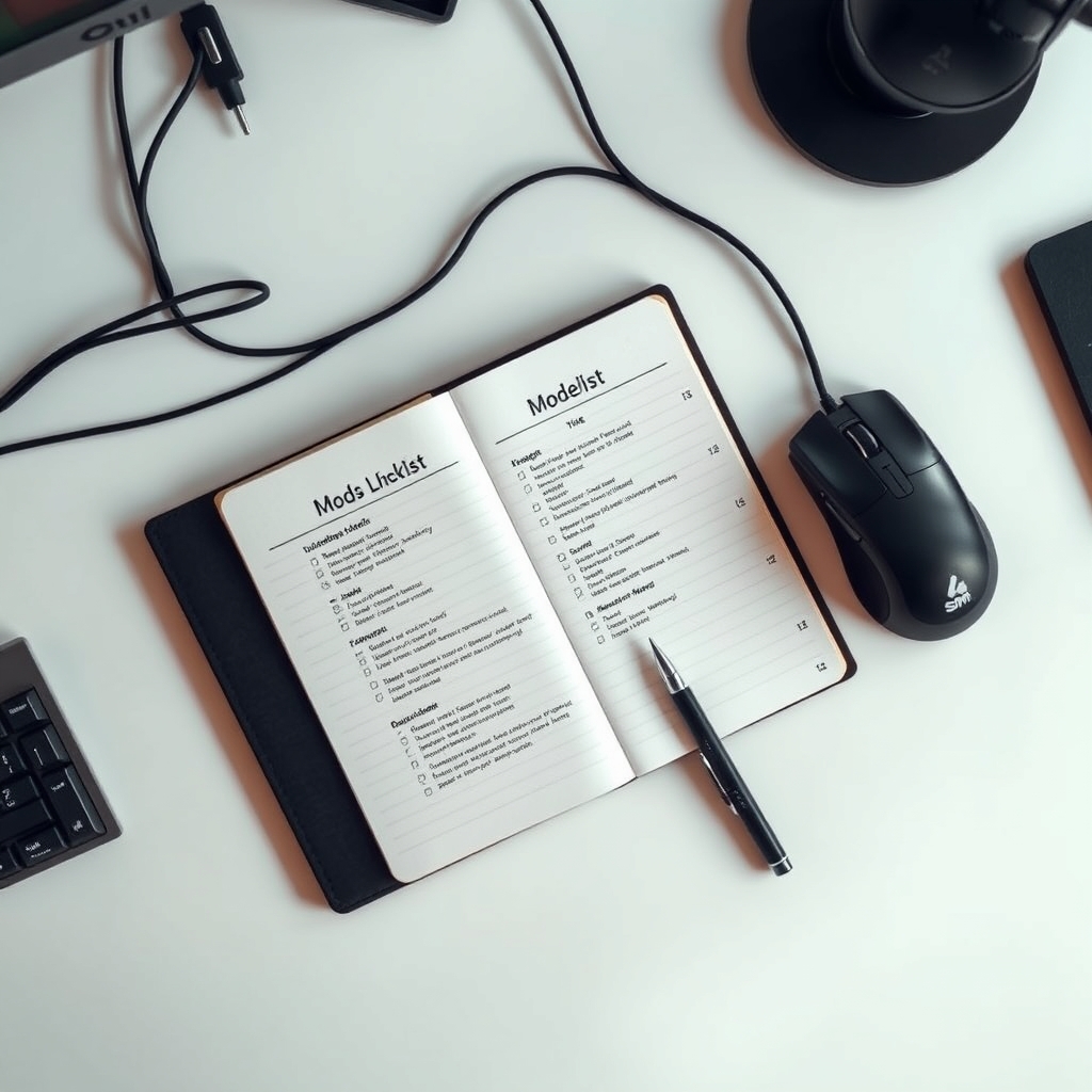 Overhead flat-lay of a gaming setup with a keyboard, mouse, and a notebook with 'Sims 4 Mods' written, suggesting organization and planning