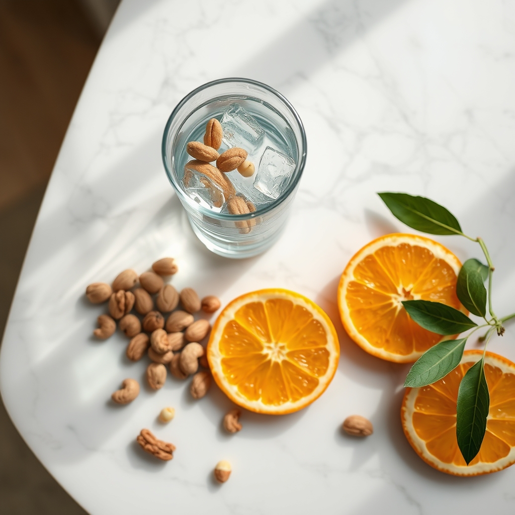 A glass of chilled water beside a bowl of mixed nuts and a sliced orange on a marble countertop, bright daylight