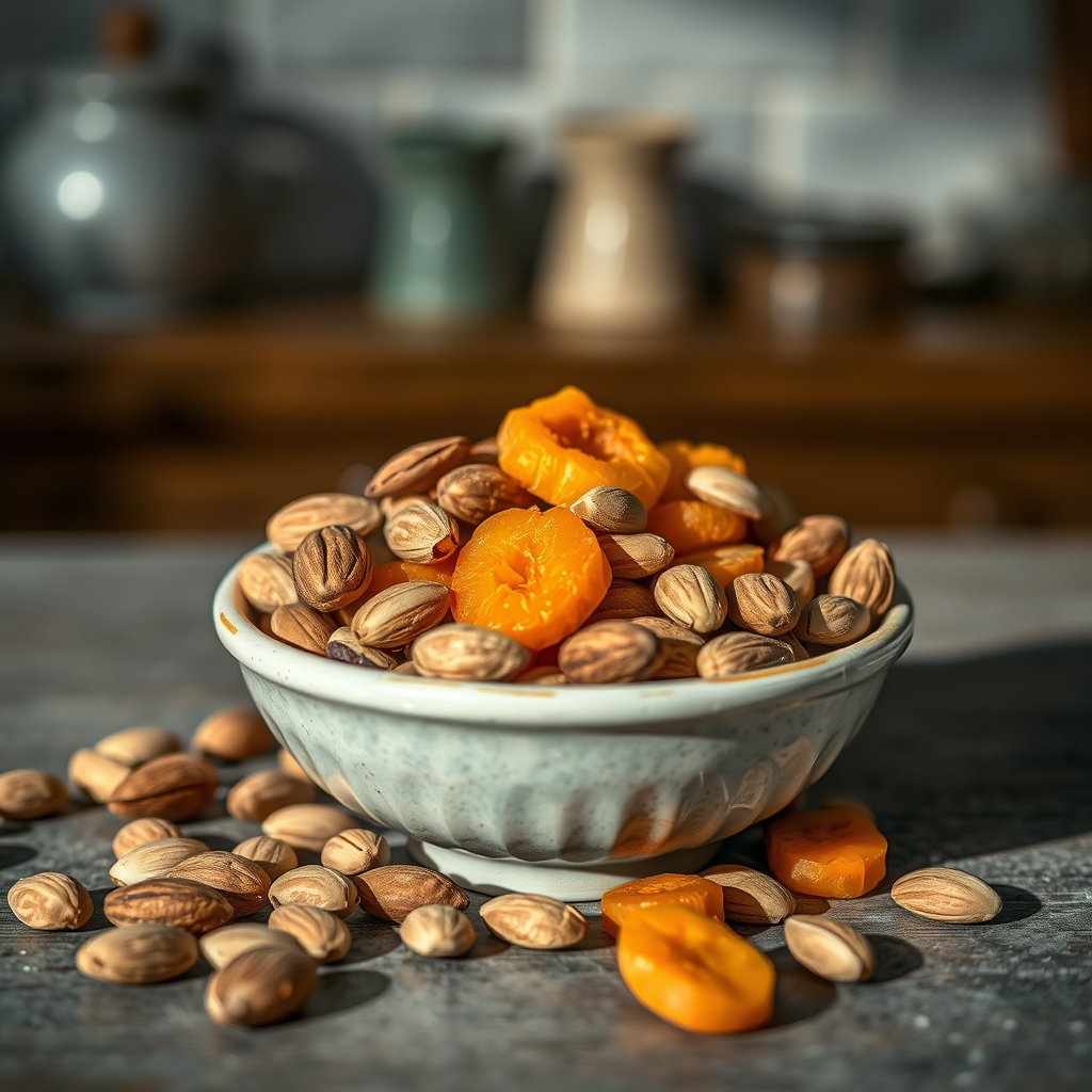 Close‑up of almonds, pumpkin seeds, and dried apricots scattered on a ceramic bowl, natural light highlighting texture