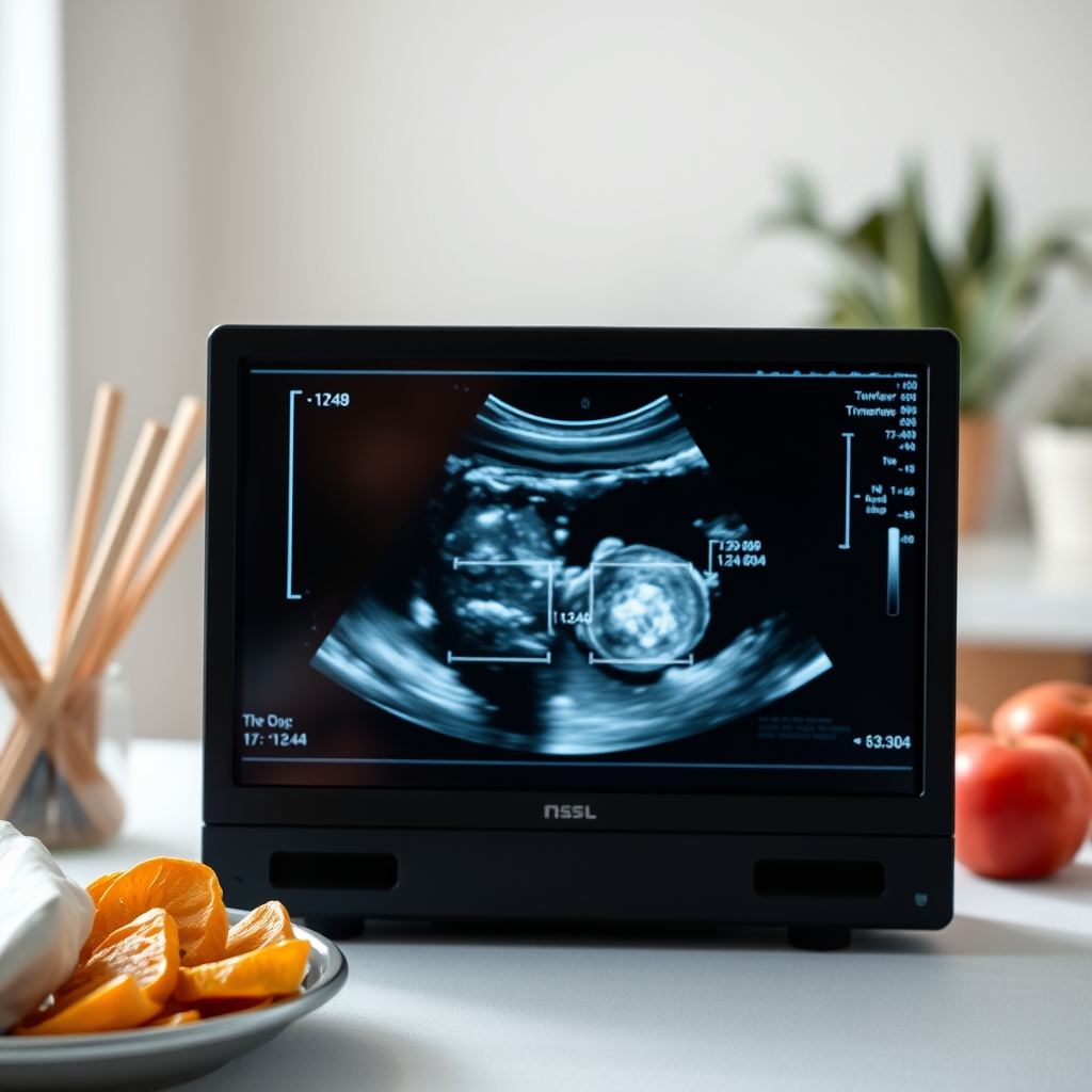 Close‑up ultrasound image of a third‑trimester fetus showing head and abdomen measurements on screen