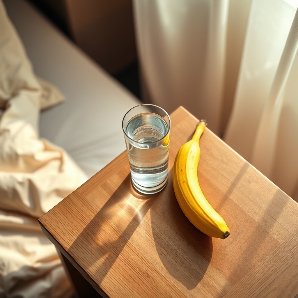 Close‑up of a glass of water beside a banana on a bedside table, soft morning light, highlighting hydration and snack for pregnancy cravings