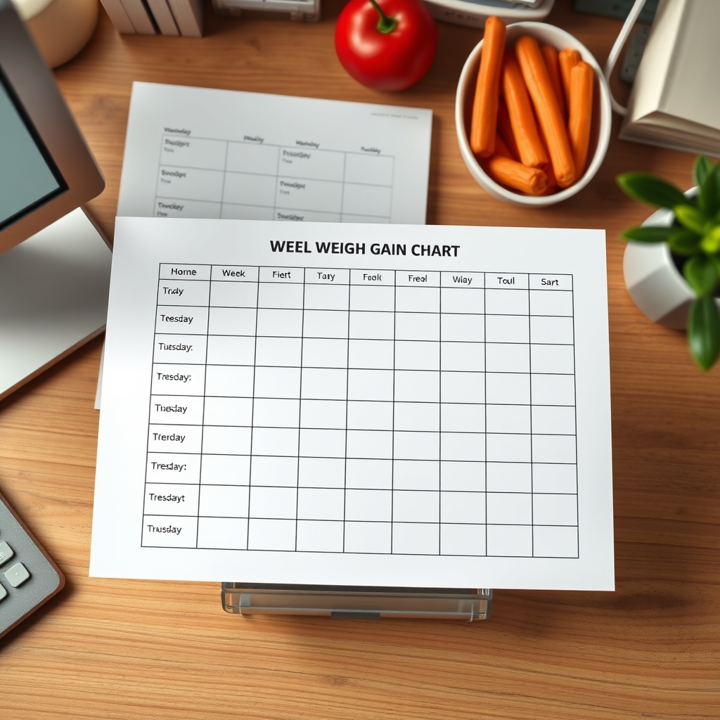 Simple weekly weight‑gain chart for third trimester pregnancy, with columns for date, weight, and weekly change, printed on a clean white sheet