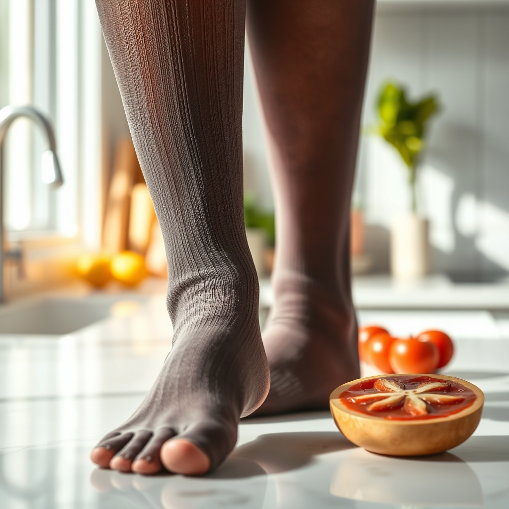 A pair of light‑blue compression stockings beside a glass of water and a fresh lemon slice, displayed on a clean white countertop