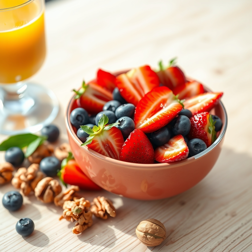 A colorful bowl of fresh fruit, nuts, and a glass of fortified orange juice, representing nutrient‑dense snacks for third‑trimester pregnancy