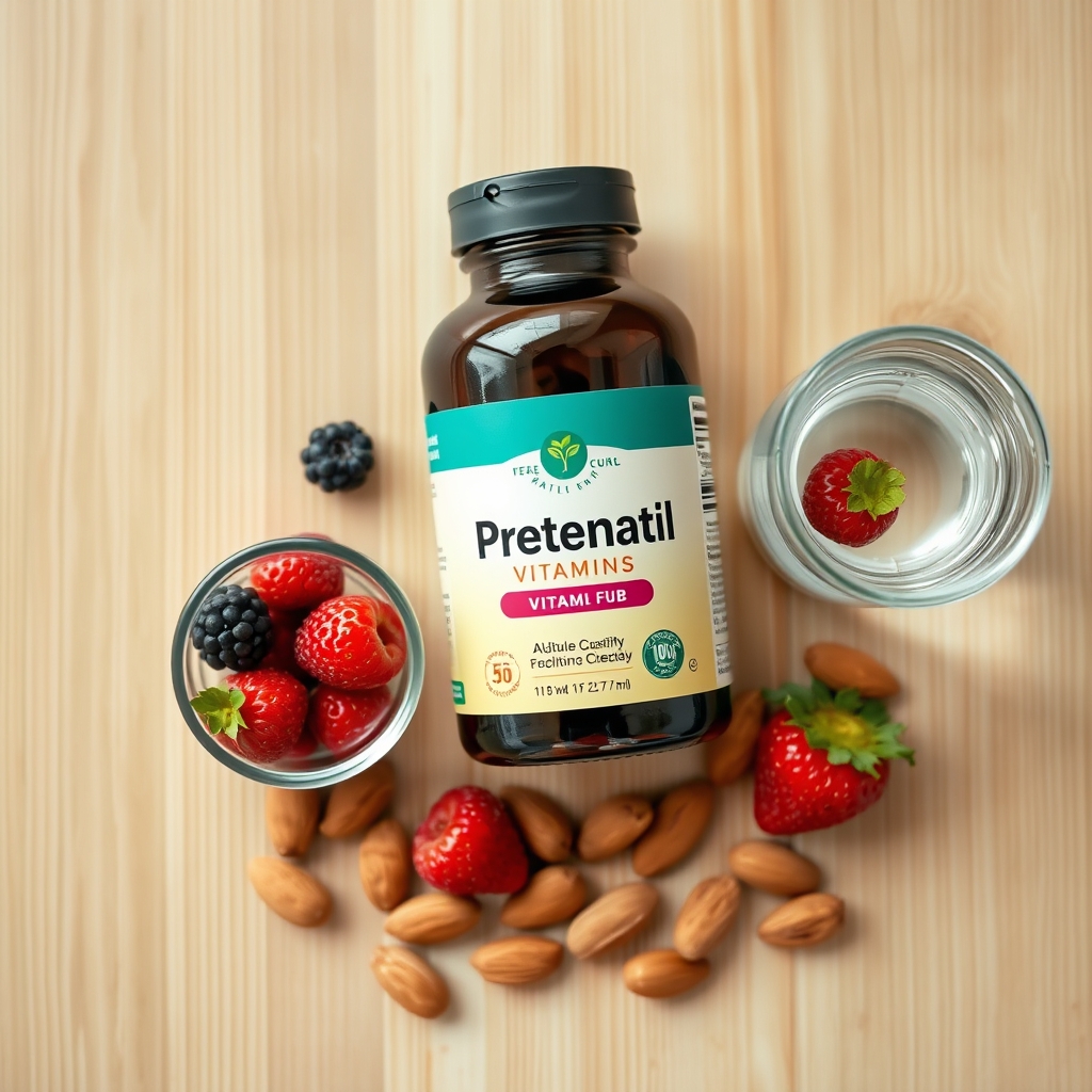 A glass of water beside a bottle of prenatal vitamins, a bowl of fresh berries, and a small plate of almonds on a wooden surface, illustrating safe supplements for pregnancy