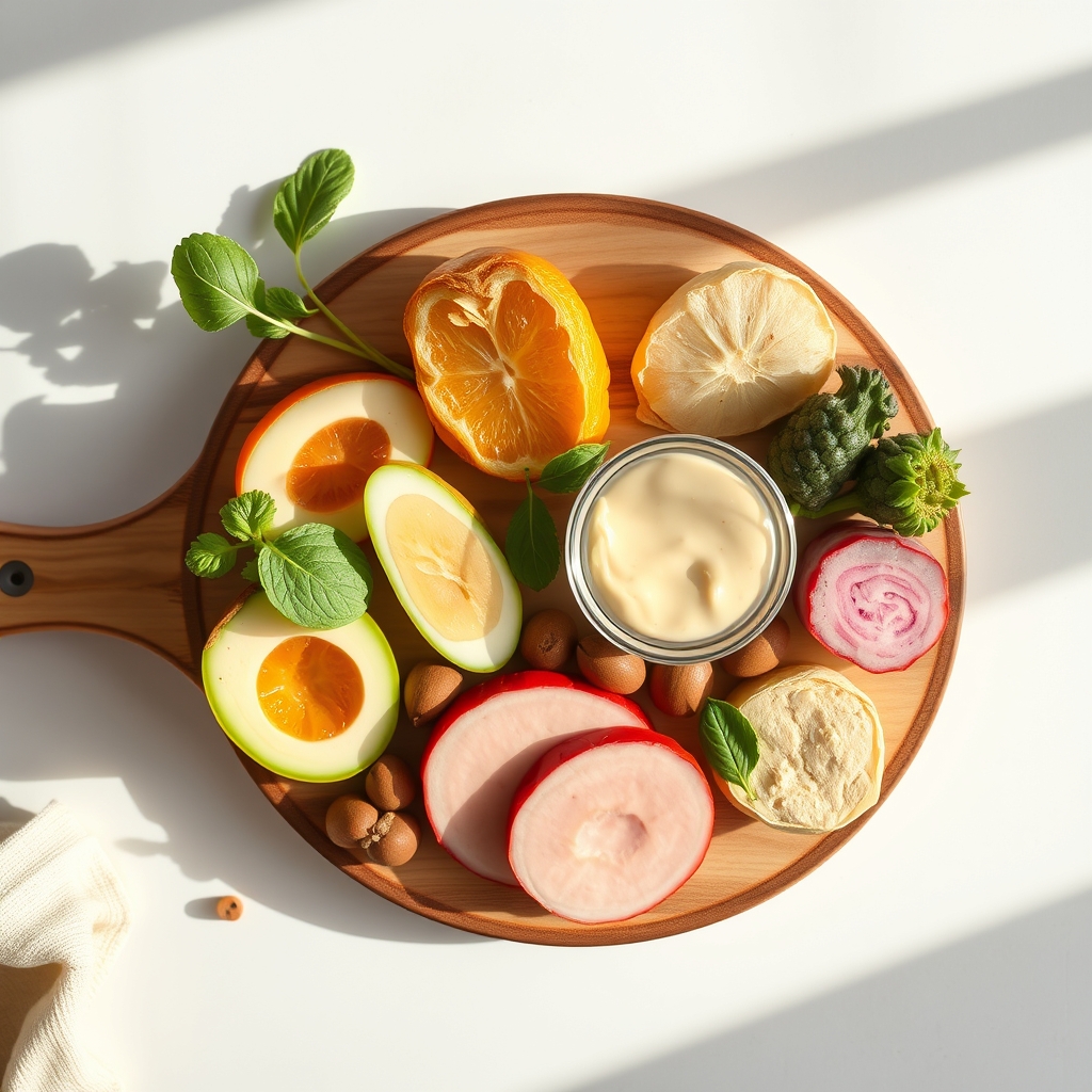 A vibrant bowl of probiotic-rich foods—yogurt, kefir, sauerkraut, and fresh berries—arranged on a wooden table, natural light highlighting textures