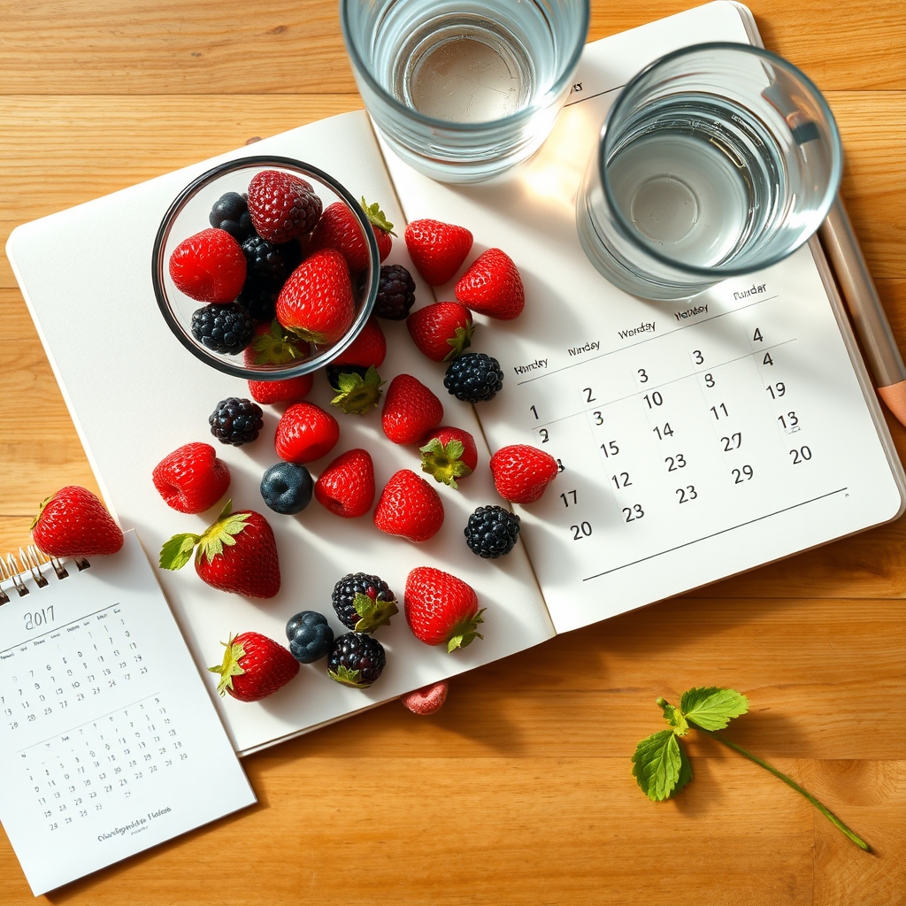 A kitchen counter with a bowl of fresh berries, a glass of water, and a notebook showing a 3‑month calendar, bright daylight streaming in