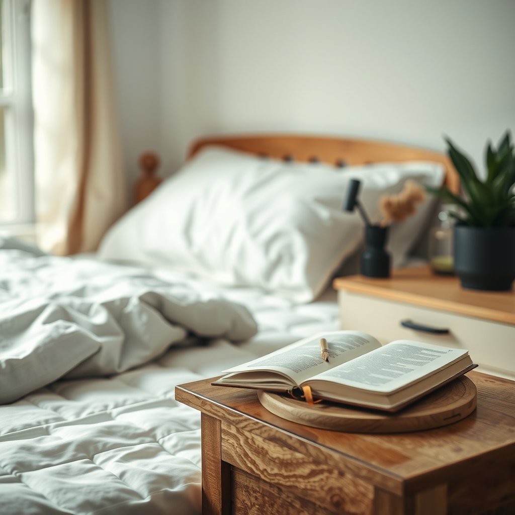 Cozy bedroom with journal and plant
