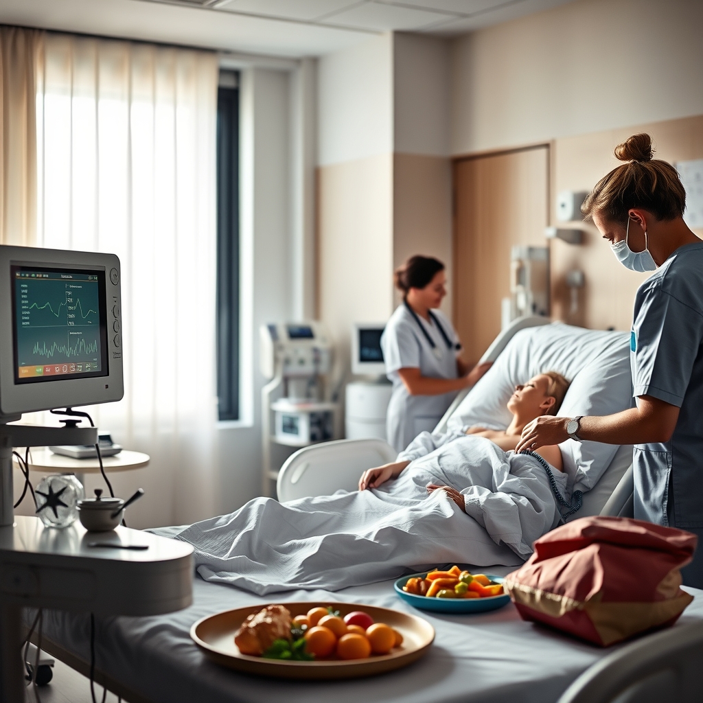 A calm hospital delivery room with a bedside monitor displaying glucose trends, soft natural light, and a supportive care team preparing equipment