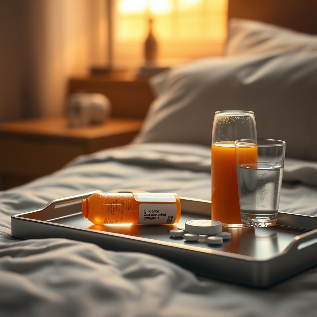 A bedside tray with a glass of water, a box of glucose tablets, and a small orange juice bottle, soft evening light creating a calming scene