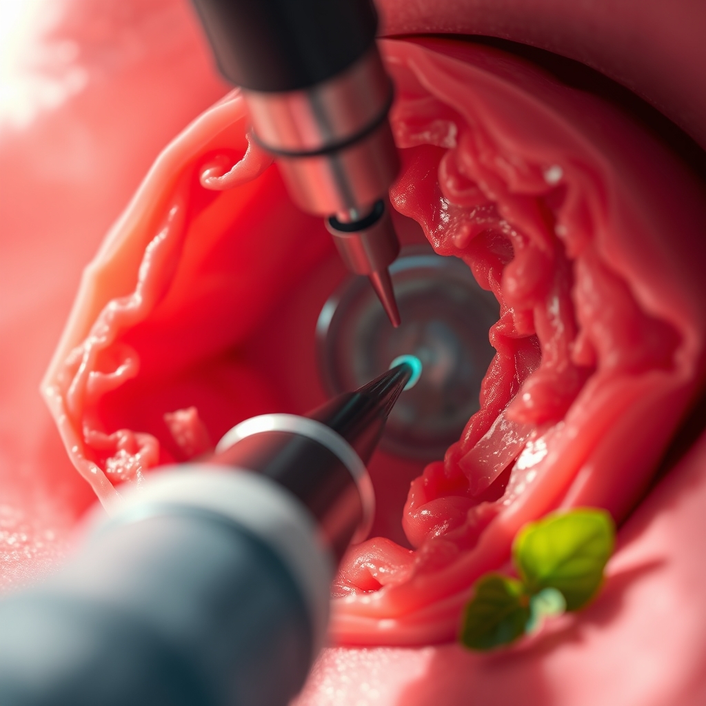 Fetoscopic laser surgery on a twin placenta, showing tiny instruments and illuminated laser spots on placental vessels