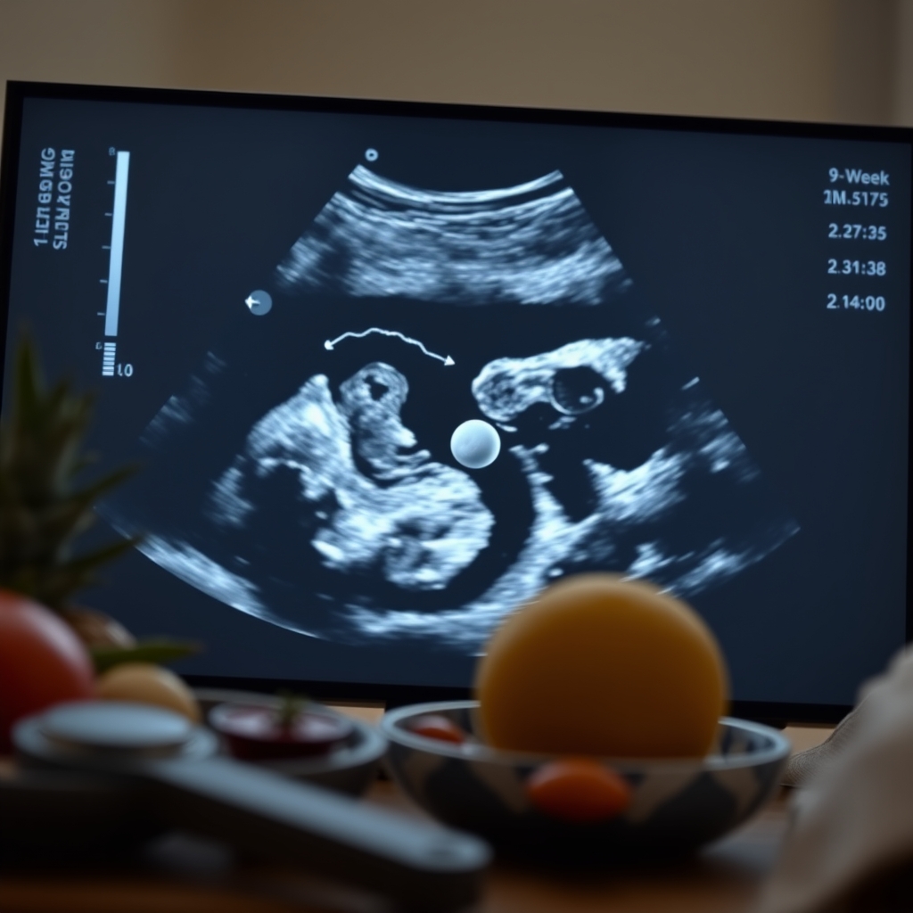 Close‑up of a 9‑week ultrasound showing a gestational sac with a tiny embryo and yolk sac, highlighting normal measurements