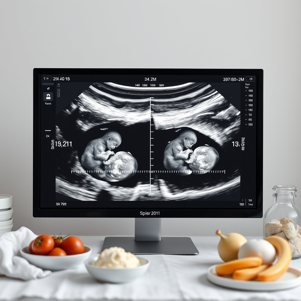 Ultrasound screen showing two fetuses with measurement lines, indicating twin pregnancy weight estimation