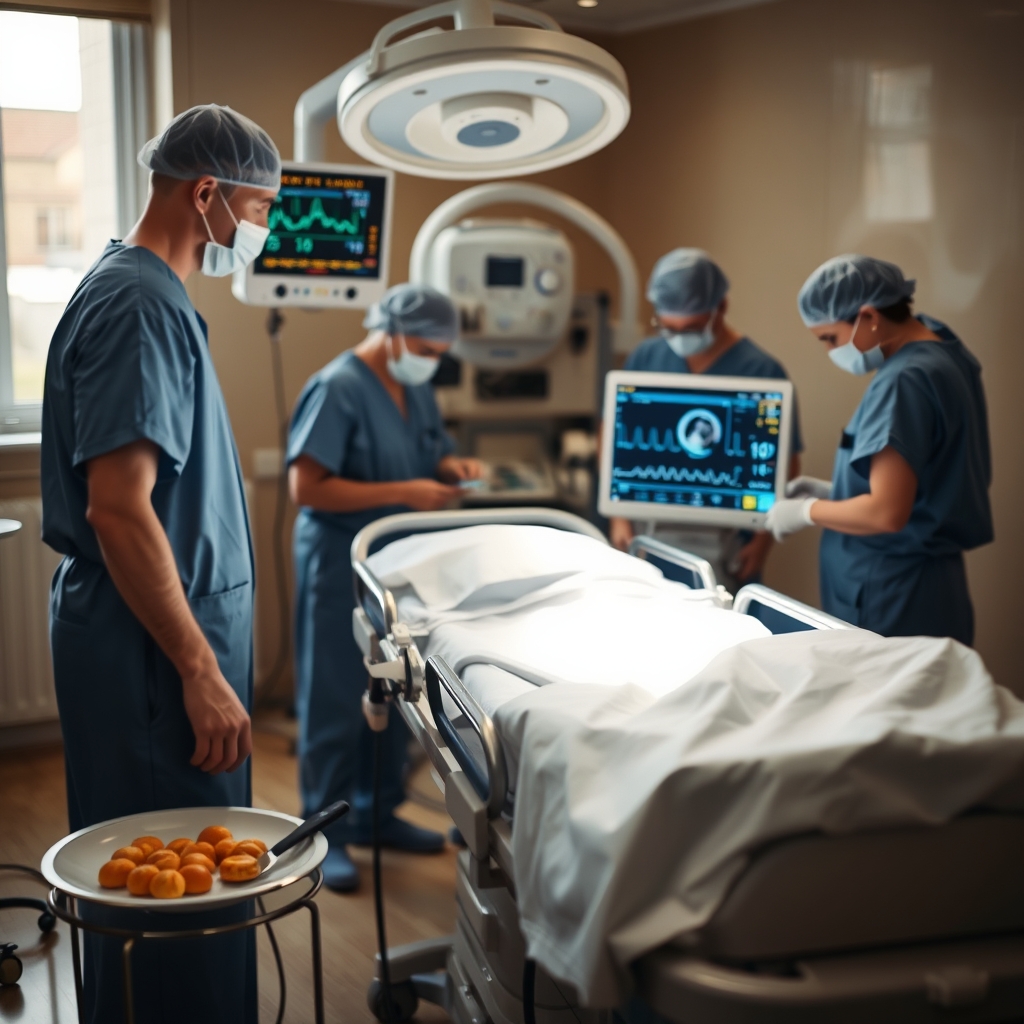 A calm delivery room with a stretcher, a neonatal monitor displaying a steady heart rate, and a medical team preparing for an urgent cesarean, soft morning light through a window