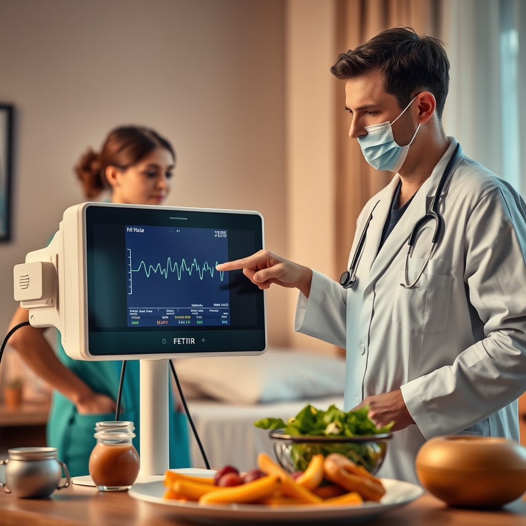 A fetal monitor displaying a sharp deceleration in heart rate, with a nurse pointing to the screen and a doctor preparing for an exam, soft clinical lighting