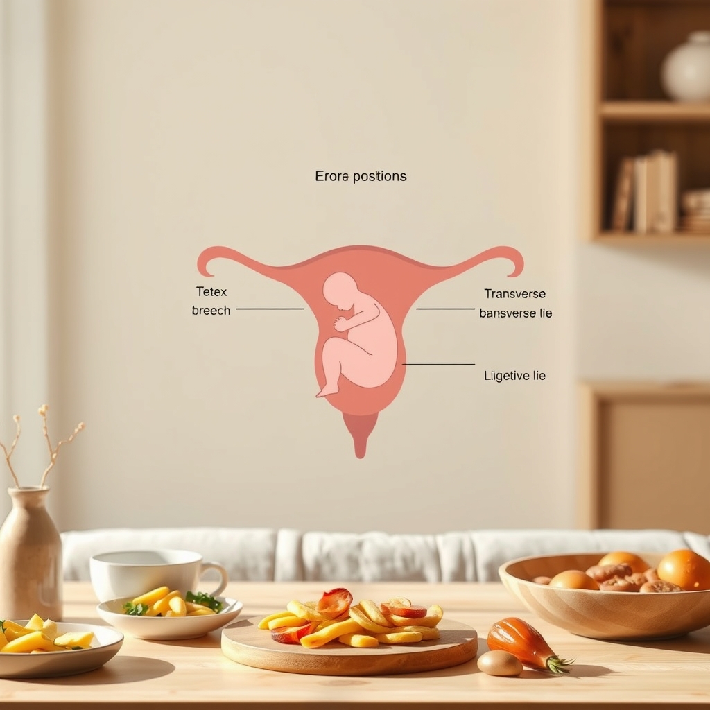 A diagram showing different fetal positions in the uterus, including vertex, breech, transverse lie, and oblique lie, with labels highlighting the risk of cord prolapse