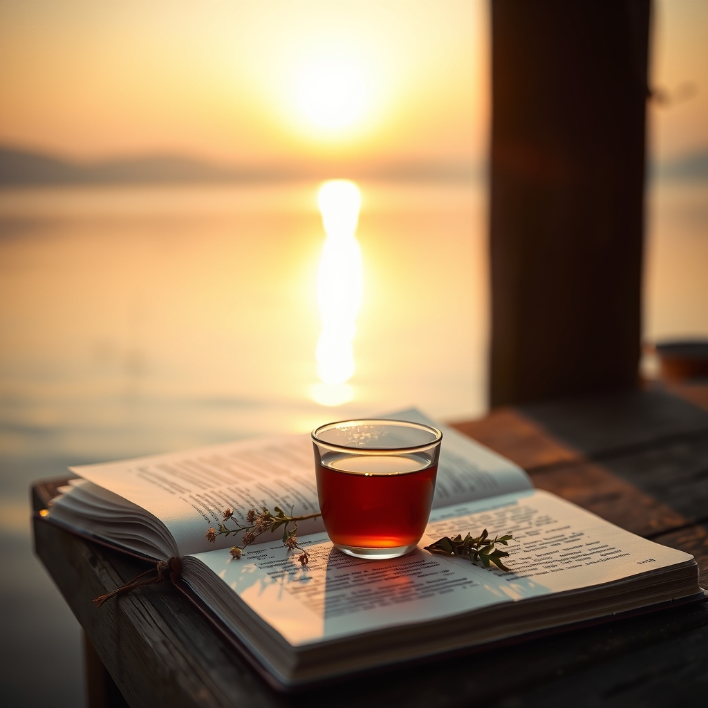 Soft-focus image of a sunrise over a calm lake, with a journal and a cup of herbal tea on a wooden dock, representing hope and new beginnings