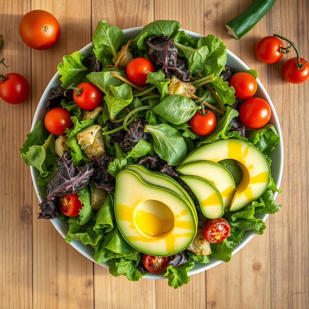 Freshly prepared salad with mixed greens, sliced avocado, cherry tomatoes, and a drizzle of olive oil on a rustic wooden board, bright natural light