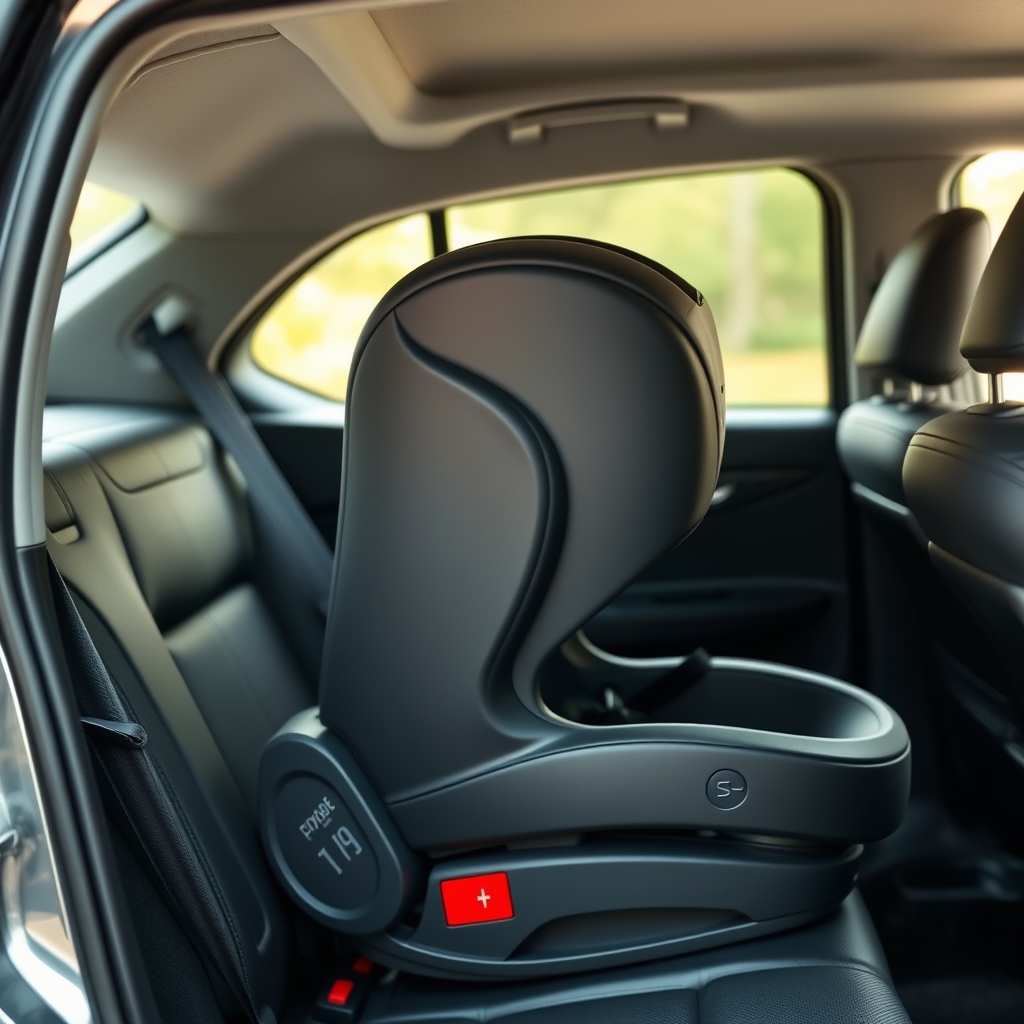 A car seat securely installed in the back seat of a car, viewed from the side, emphasizing correct fit