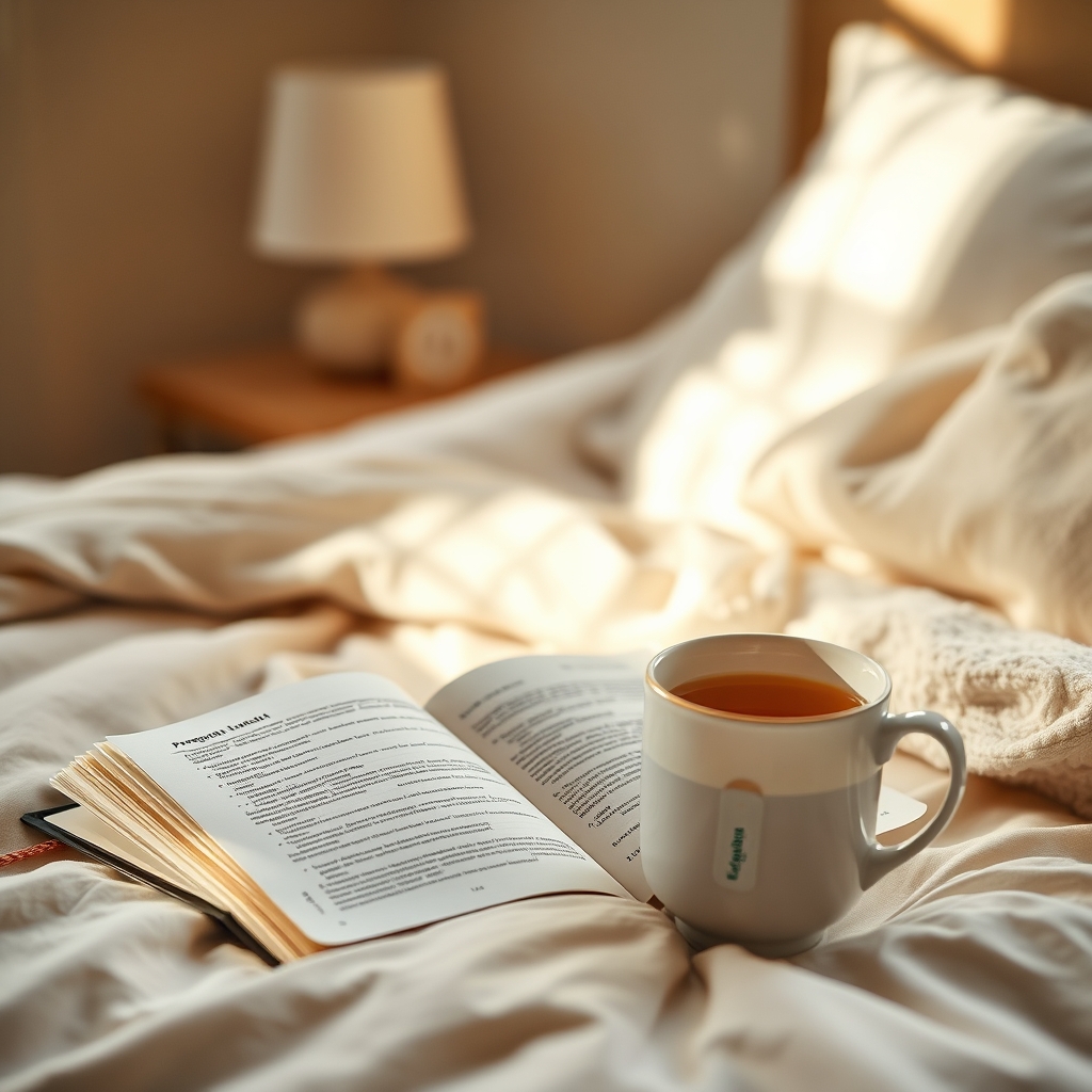 A calming bedroom scene with a pregnancy-safe quit‑plan notebook, a bottle of nicotine patch, and a steaming cup of herbal tea on a nightstand