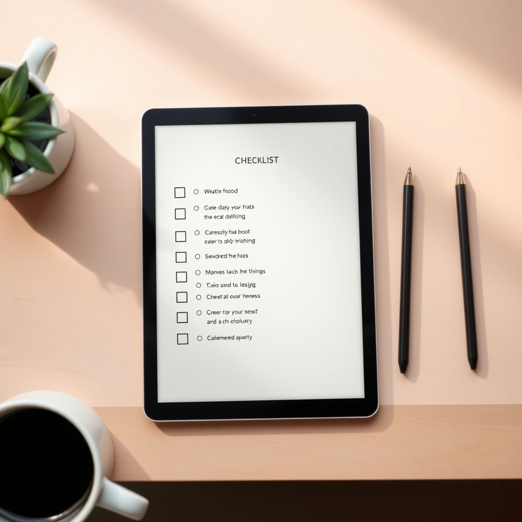 Close‑up of a printable VBAC eligibility checklist on a tablet, with check marks and notes