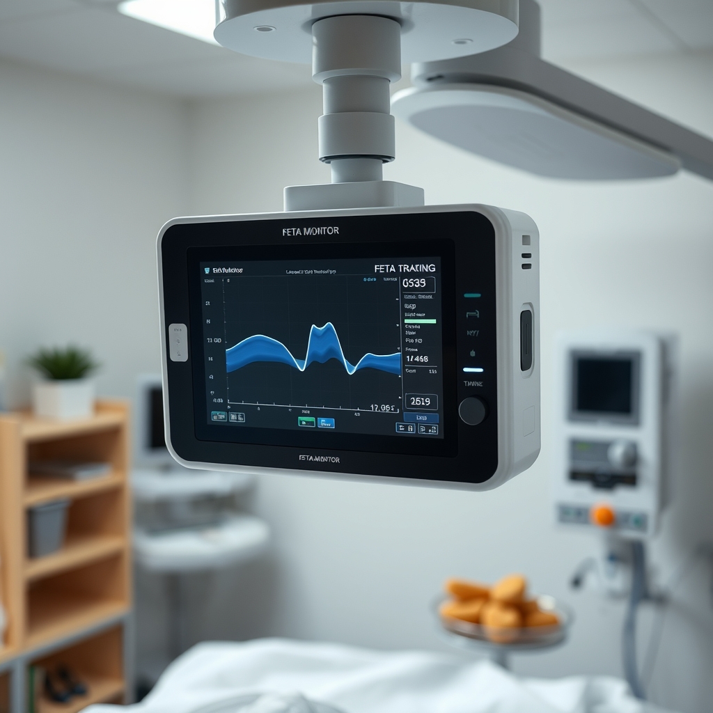 Fetal heart rate monitor tracing with moderate variability and occasional accelerations, displayed on a bedside monitor in a labor suite