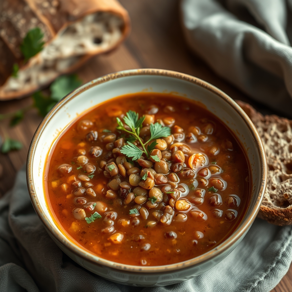 A close-up shot of a bowl of lentil soup with crusty whole-grain bread, steam rising gently