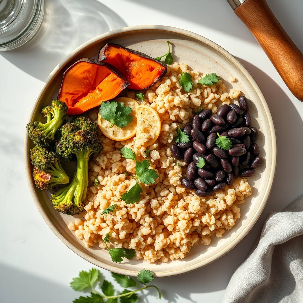 A colorful and healthy vegan meal on a plate, featuring roasted vegetables, quinoa, and black beans, with a glass of water nearby