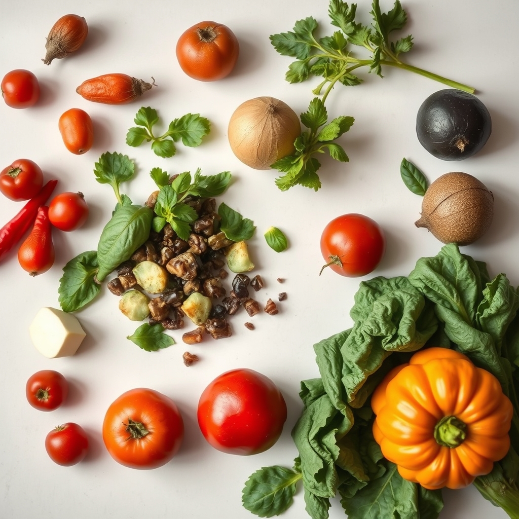 A selection of iron and B12 rich vegetarian foods including spinach, lentils, fortified plant milk, and nutritional yeast, artfully arranged