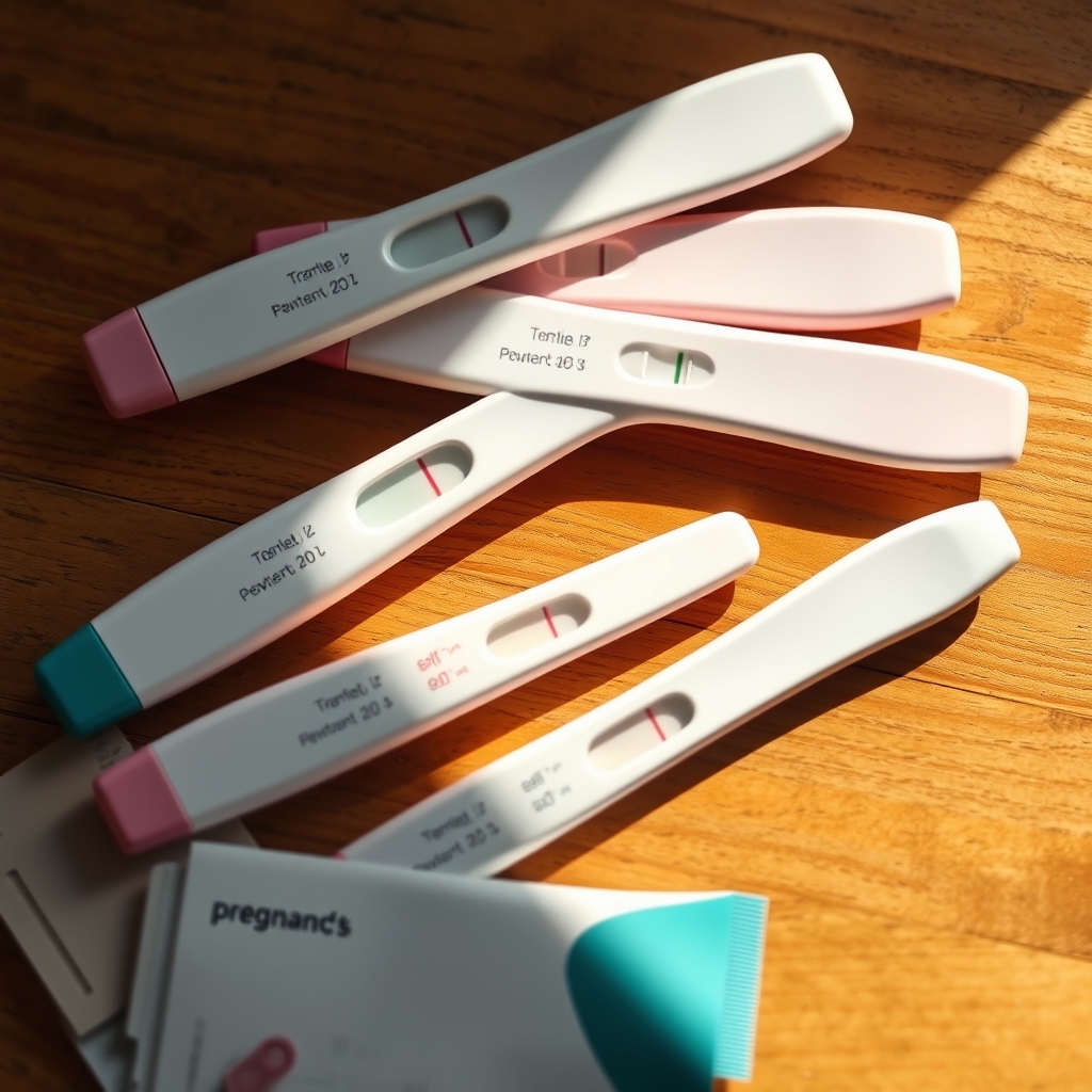 A stack of different pregnancy test boxes on a wooden countertop, each showing a faint line in the result window