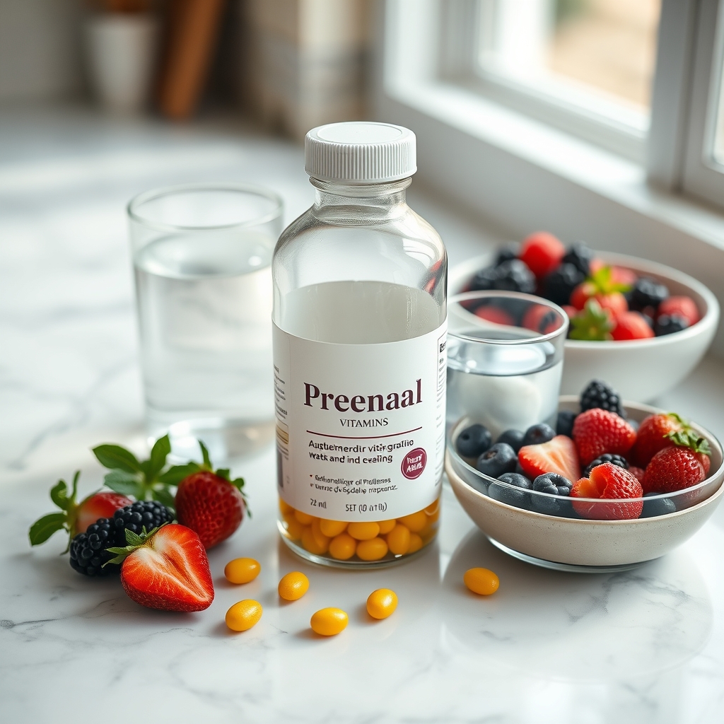 A tidy countertop with a bottle of prenatal vitamins, a glass of water, and a small bowl of fresh berries, illustrating a balanced supplement routine for pregnancy