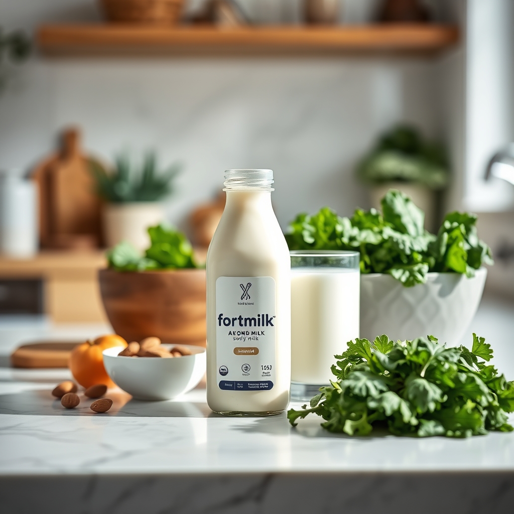 Fortified plant milks and calcium-rich foods on kitchen counter