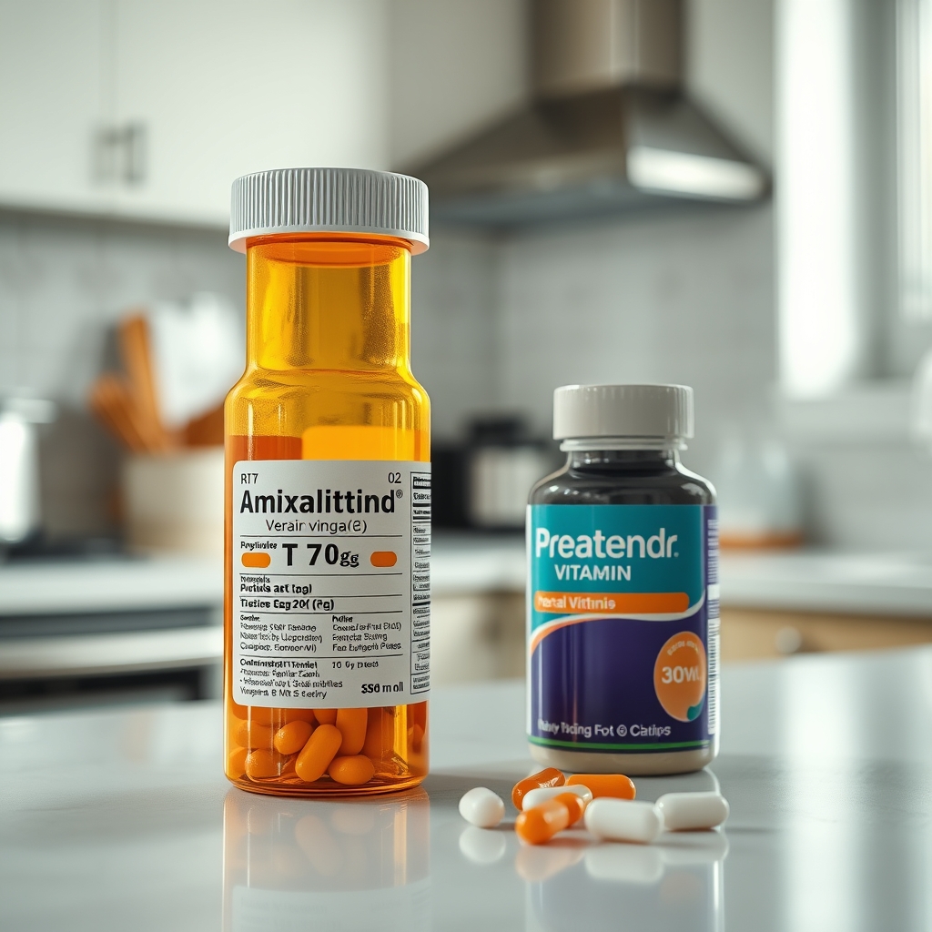 a close‑up of a prescription bottle labeled amoxicillin beside a prenatal vitamin bottle, bright kitchen countertop, soft daylight highlighting the labels and a glass of water