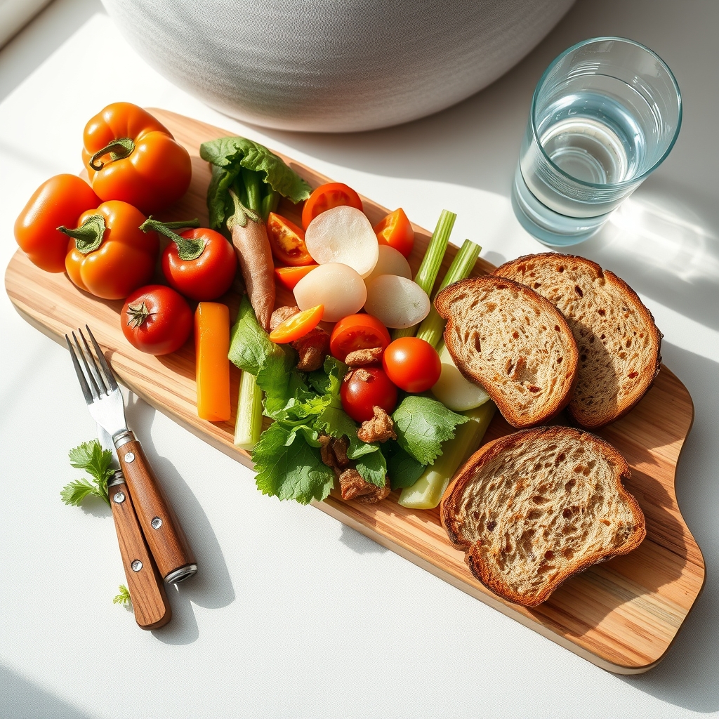 A prenatal nutrition spread with leafy greens, whole grains, and a glass of water on a rustic wooden table, illustrating healthy eating during pregnancy