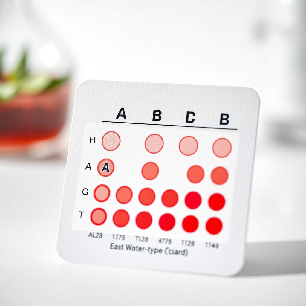 Close‑up of a laboratory blood‑type test card showing A, B, AB, and O zones, bright clinical lighting, white background
