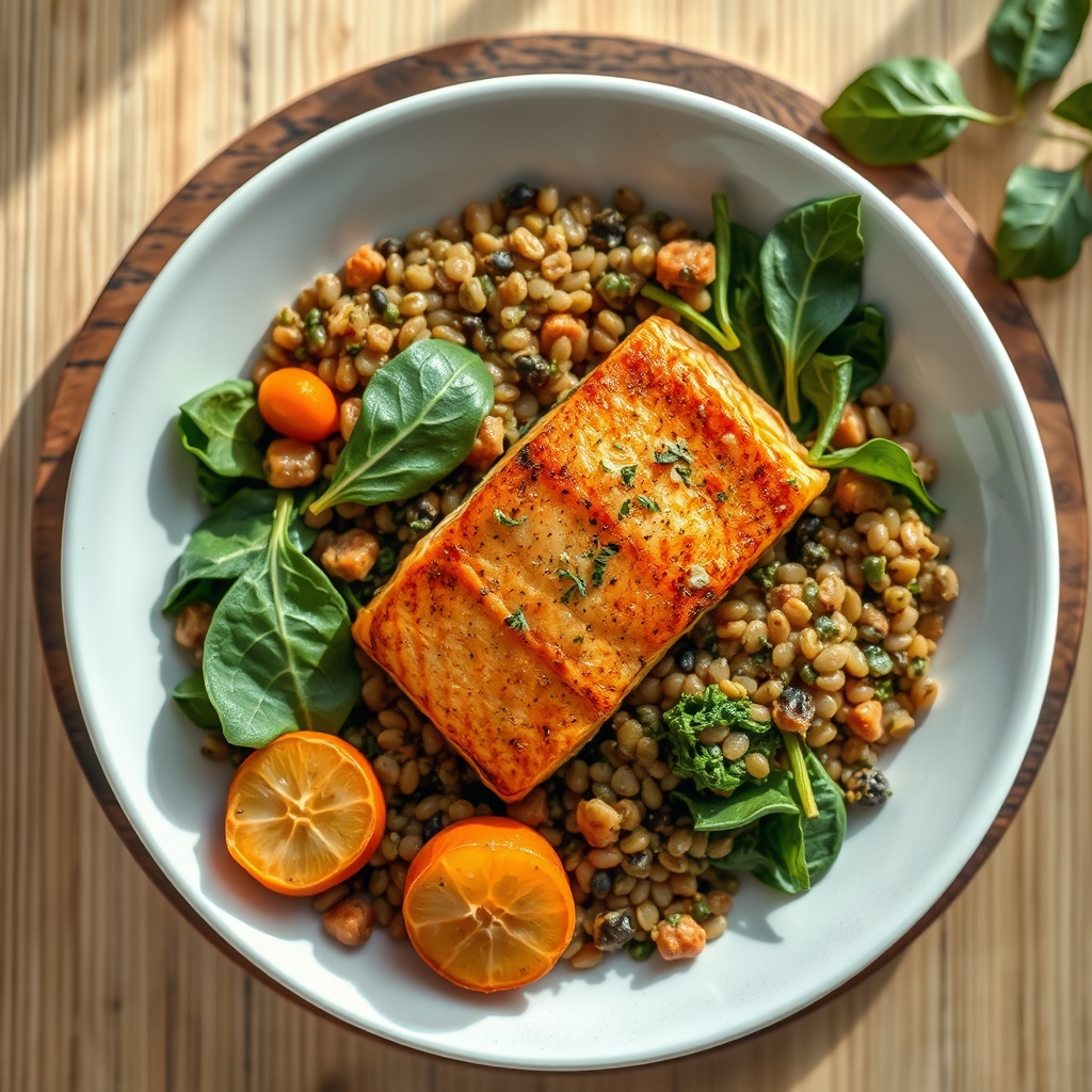 A colorful plate of iron‑rich foods—spinach, lentils, and a grilled salmon fillet—arranged on a wooden board, bright natural light, photorealistic
