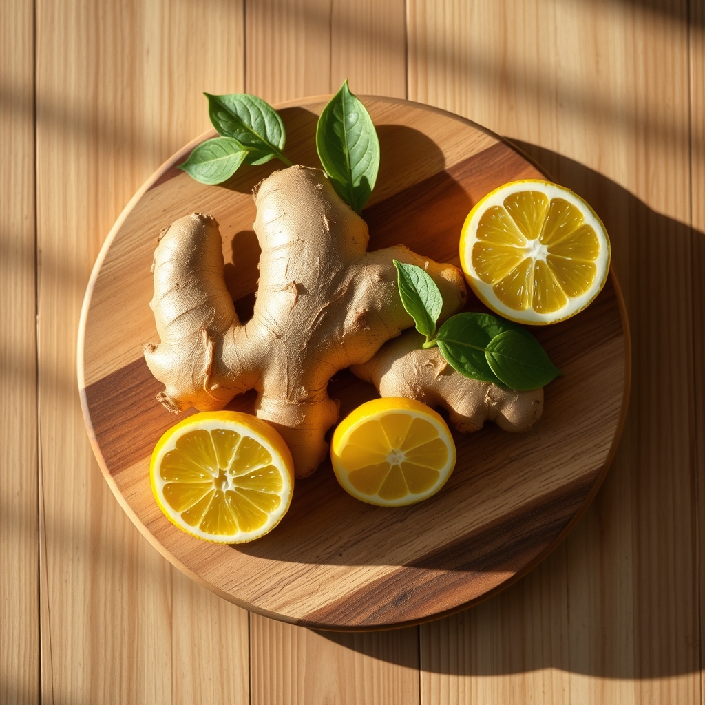 Close‑up of fresh ginger root, lemon slice, and a glass of water on a wooden cutting board, bright natural light