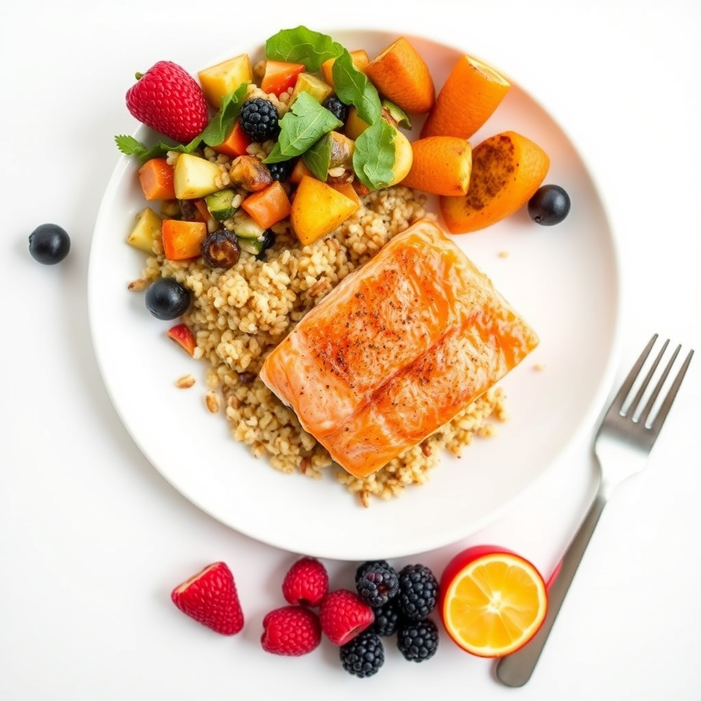 A colorful plate showing low‑glycemic foods: quinoa, roasted vegetables, grilled salmon, and a side of berries, bright natural light, clean white plate