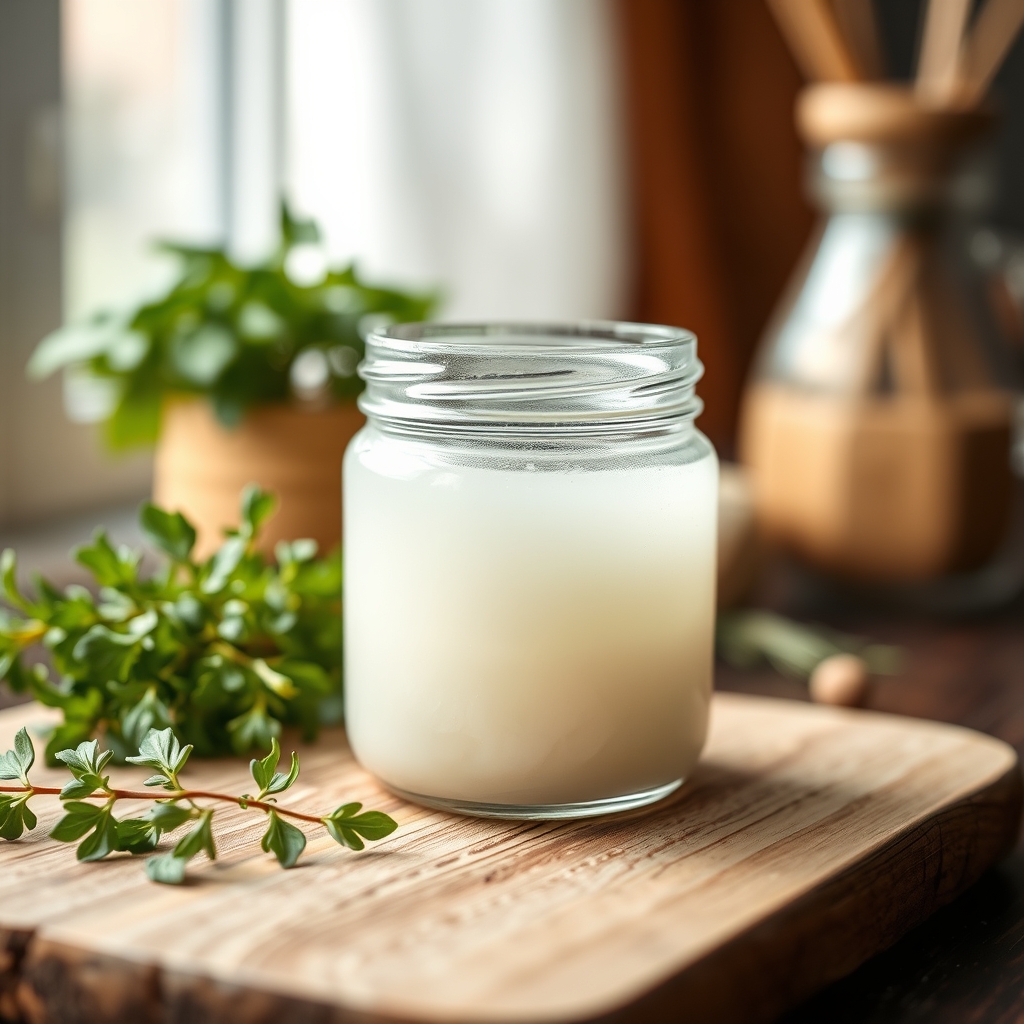 Close‑up of a clear glass jar with a small amount of pale amniotic fluid, soft natural light highlighting the liquid’s translucency, placed on a wooden cutting board with fresh herbs