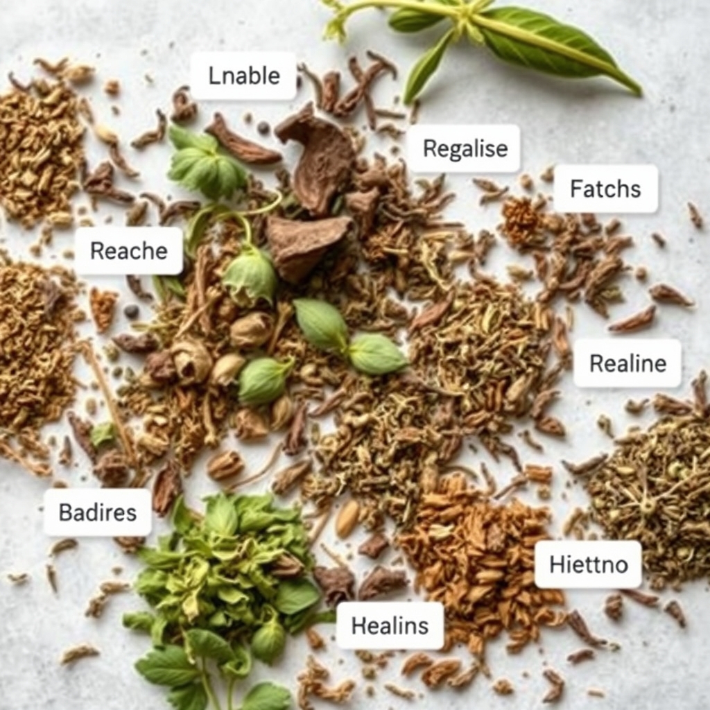 A beautifully arranged selection of dried herbs for tea making, with labels for each herb