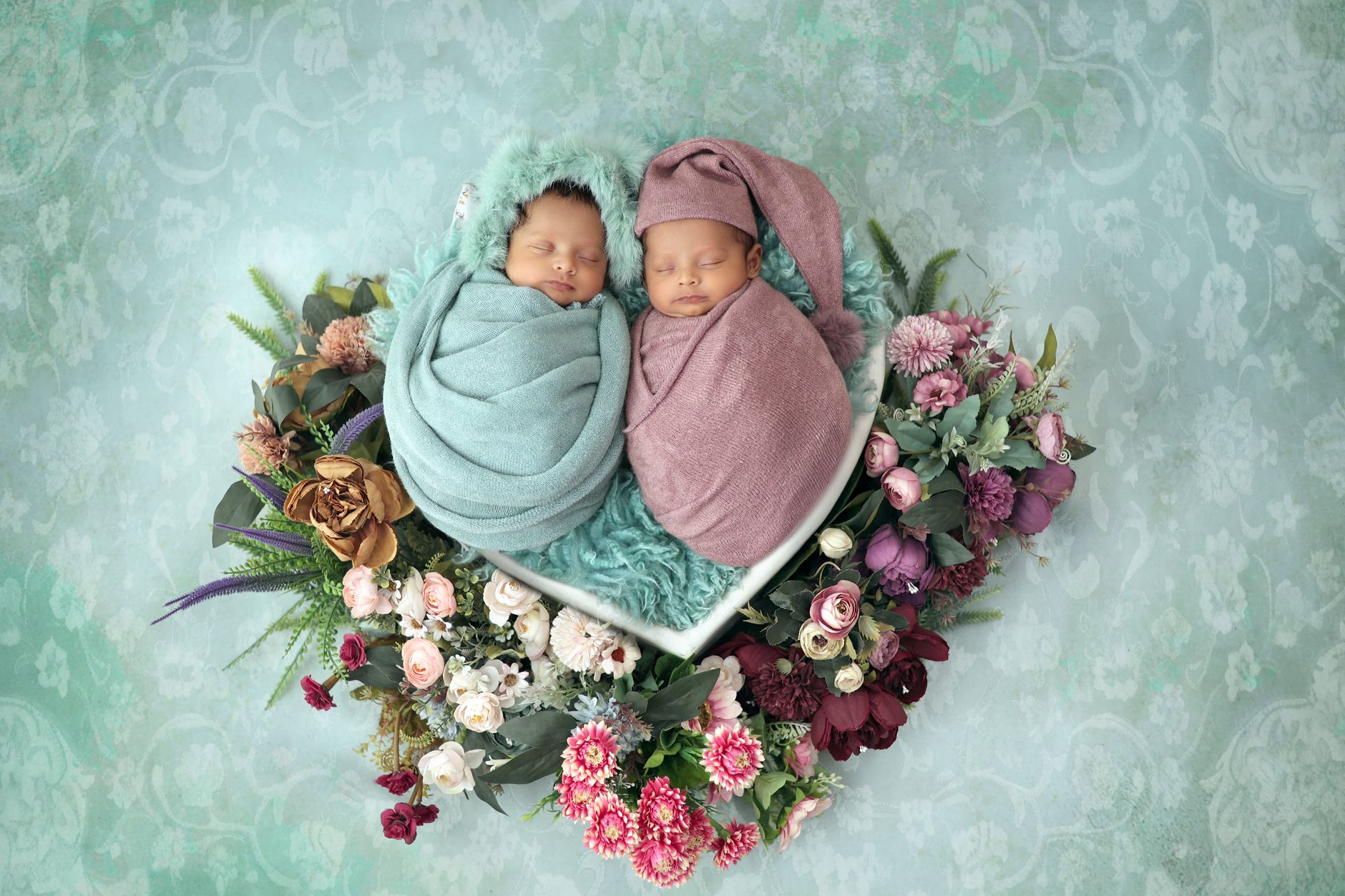 Illustration of two newborn twins swaddled side by side on a soft blanket, bright natural light, gentle colors, photorealistic