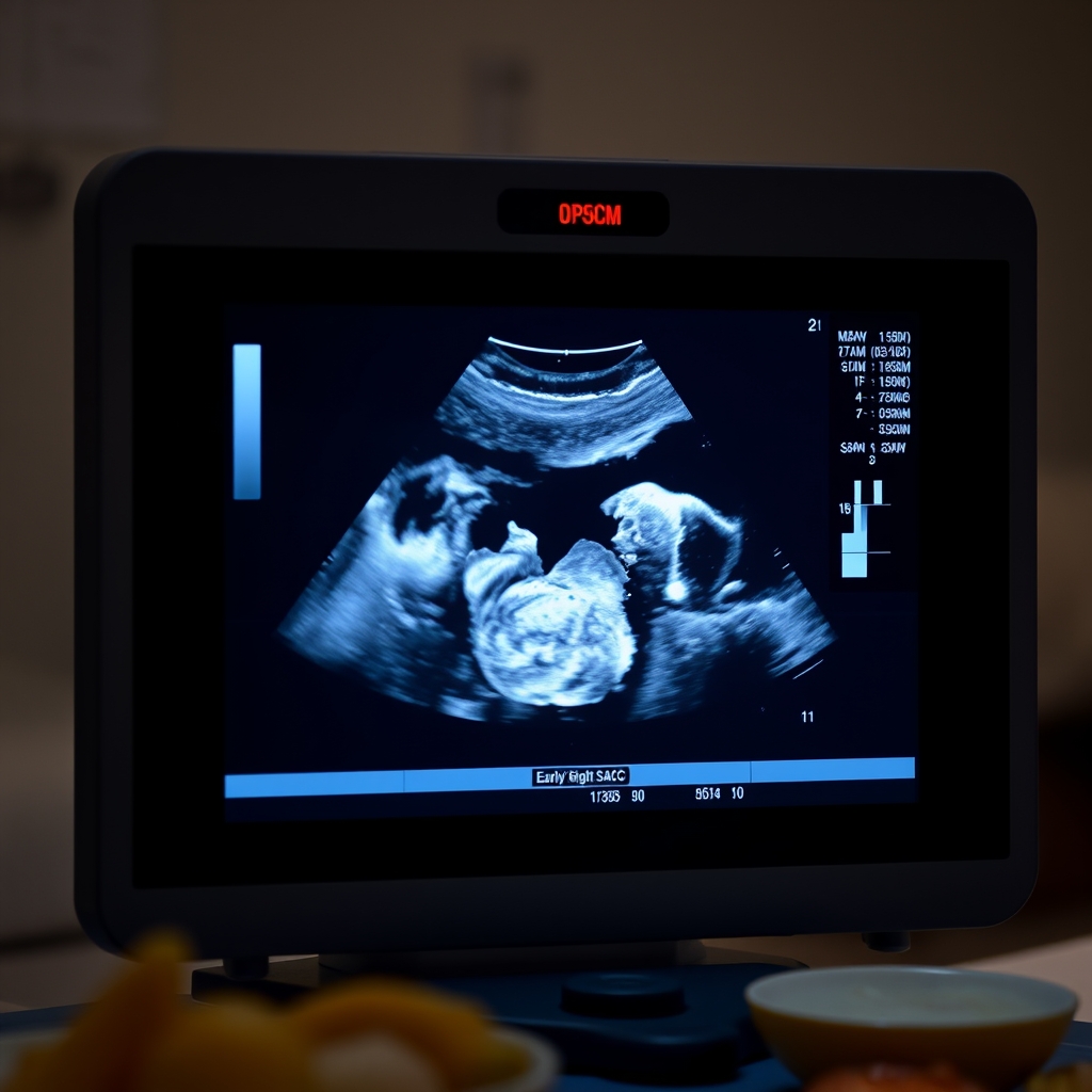 A soft-focus ultrasound image showing a tiny gestational sac with a faint heartbeat, displayed on a monitor in a dimly lit clinic room