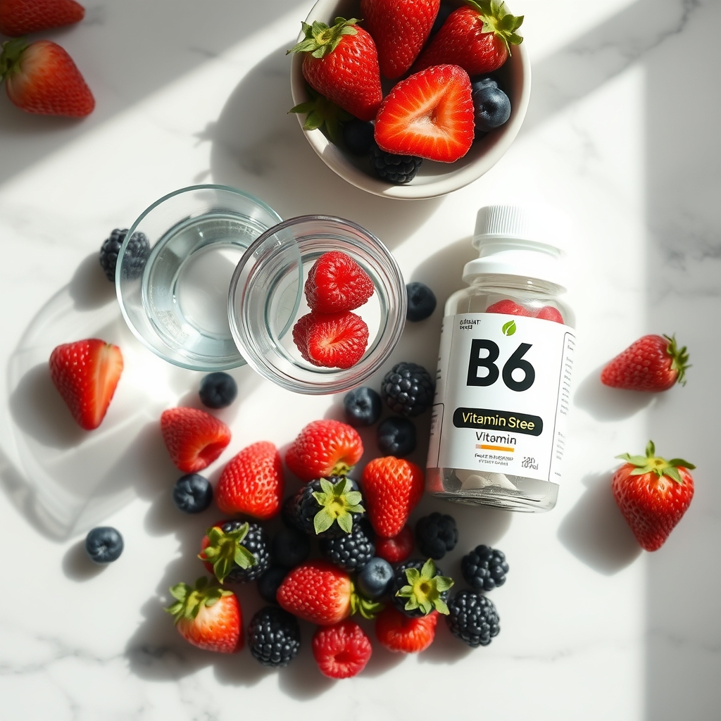 Fresh berries, a glass of water, and a vitamin B6 supplement bottle arranged on a marble countertop, bright morning light