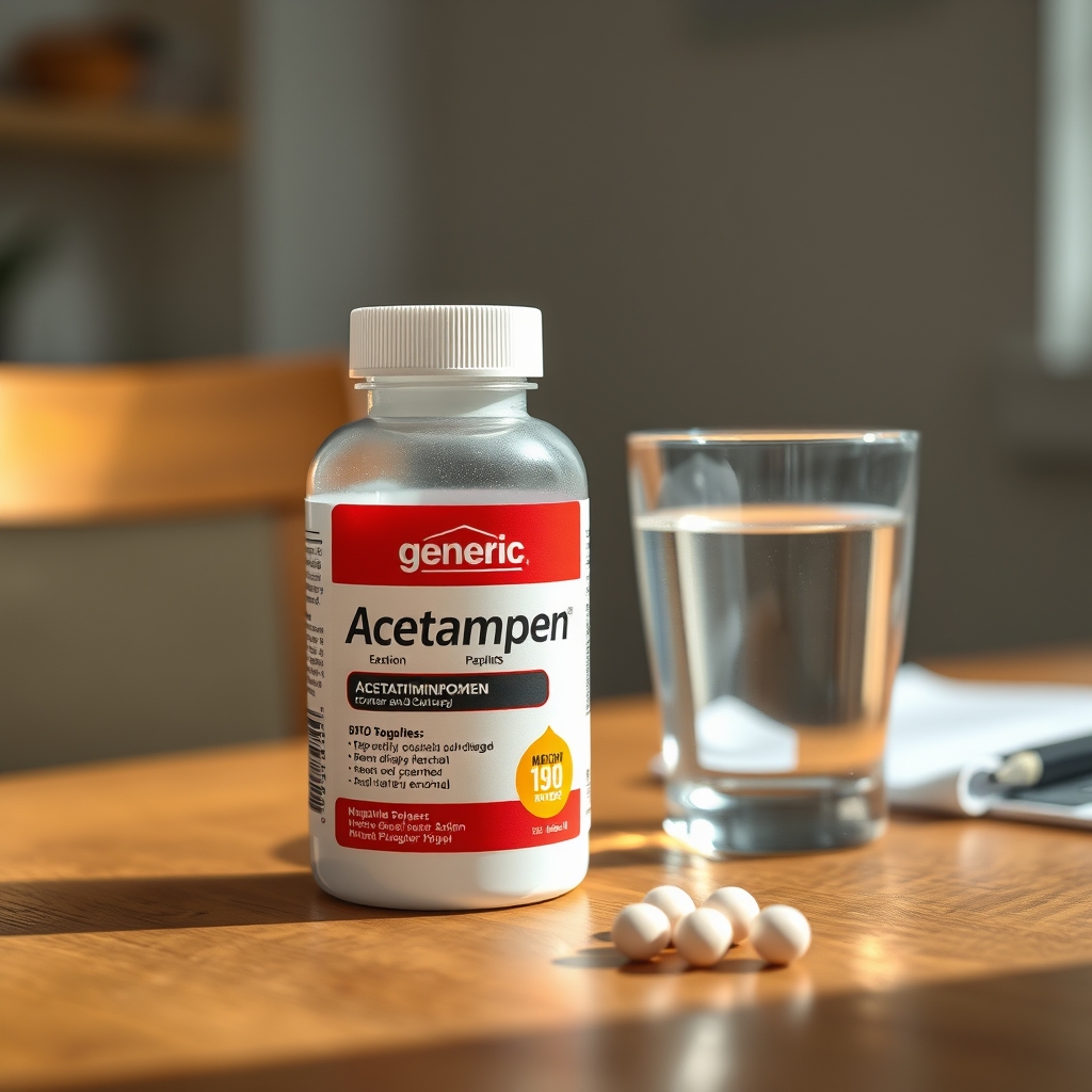 a close‑up of a bottle of generic acetaminophen tablets beside a glass of water on a wooden table, illustrating safe medication use during pregnancy