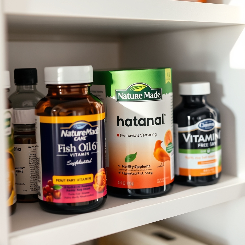 A tidy shelf displaying a Nature Made prenatal vitamin bottle, a Nordic Naturals fish oil capsule bottle, and a Vitamin B6 supplement, natural daylight