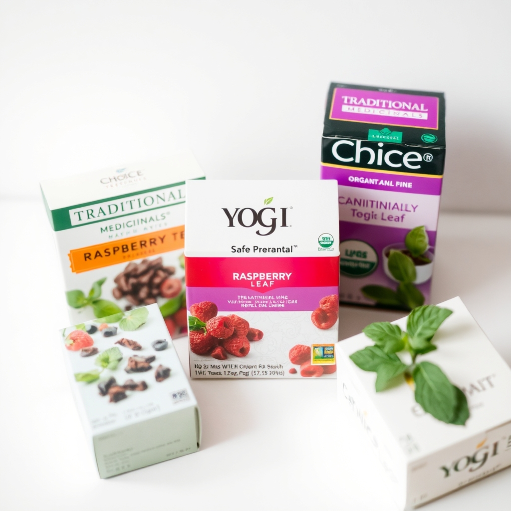 A selection of labeled herbal tea boxes, including Traditional Medicinals Raspberry Leaf, Yogi Safe Prenatal, and Choice Organic Peppermint, arranged neatly for easy comparison.