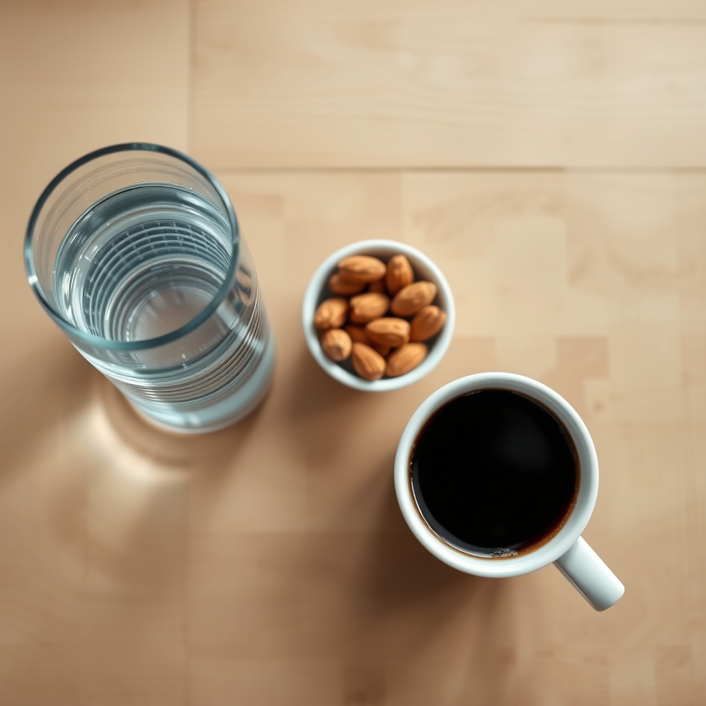 A tidy kitchen counter with a glass of water, a small bowl of almonds, and a cup of black coffee, soft natural light highlighting the simplicity of a low‑carb pre‑test breakfast