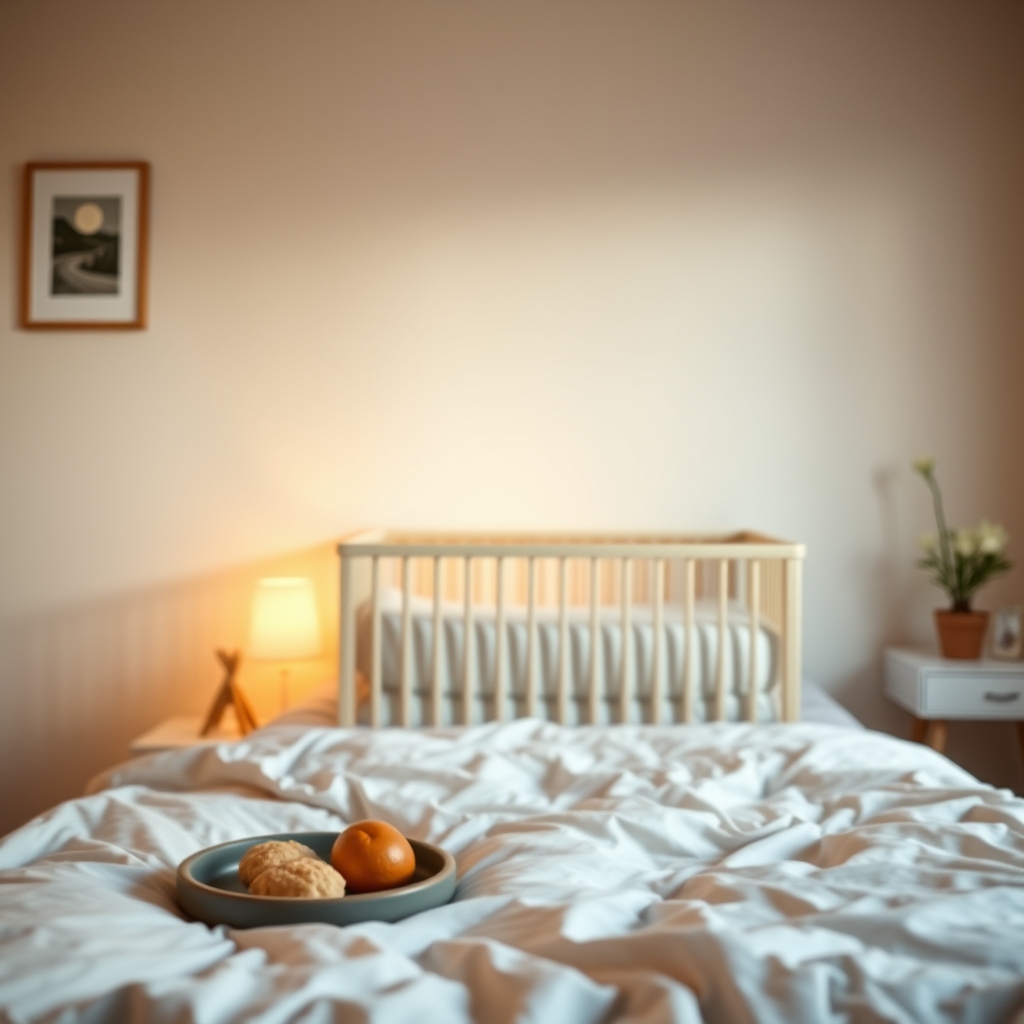 Cozy nursery with a soft white crib, a plush blanket, and a nightlight casting a gentle glow, creating a calm sleep environment for a five‑month‑old